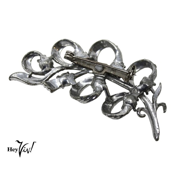 Vintage P&L Curved Looped Ribbon Pin Silver Metal Rhinestones 2" long - Hey Viv - Picture 5 of 6